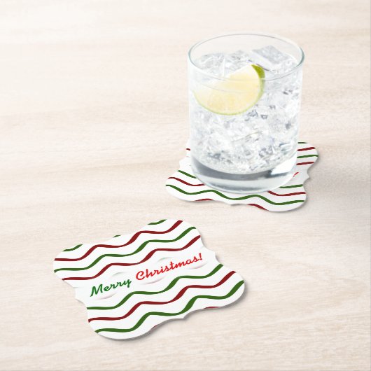 「聖降誕祭お目出とう！」赤と緑の波線パターン ペーパーコースター (インサイチュ)