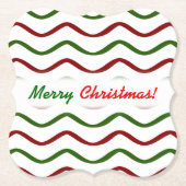 「聖降誕祭お目出とう！」赤と緑の波線パターン ペーパーコースター (正面)
