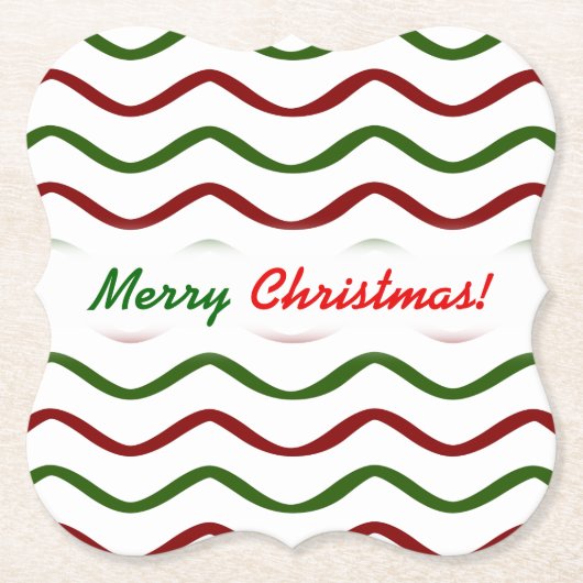 「聖降誕祭お目出とう！」赤と緑の波線パターン ペーパーコースター (正面)