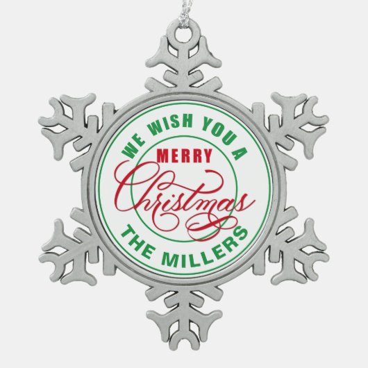 聖降誕祭お目出度う名前をカスタムする スノーフレークピューターオーナメント (正面)