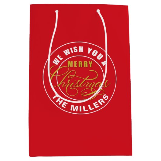 聖降誕祭お目出度う赤名前をカスタムする ミディアムペーパーバッグ (正面)