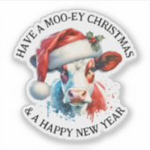聖降誕祭お目出度う | サンタおもしろいハットの牛 シール (正面)