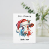 聖降誕祭お目出度う | サンタおもしろいハットの牛 ポストカード (スタンド正面)