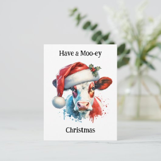 聖降誕祭お目出度う | サンタおもしろいハットの牛 ポストカード (スタンド正面)