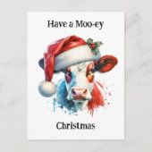 聖降誕祭お目出度う | サンタおもしろいハットの牛 ポストカード (正面)