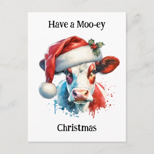 聖降誕祭お目出度う | サンタおもしろいハットの牛 ポストカード (正面)
