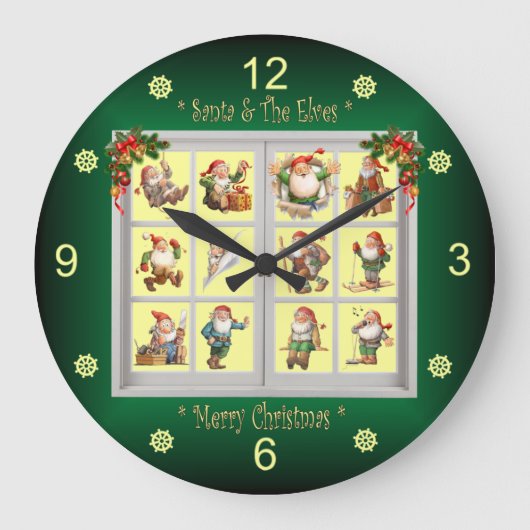 *聖降誕祭お目出度う、サンタと小人の皆さん*  ラージ壁時計 (正面)