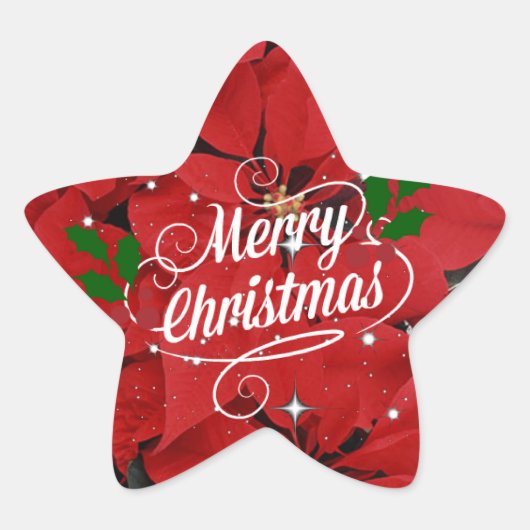 聖降誕祭お目出度う、赤いポインセチア。 星シール (正面)
