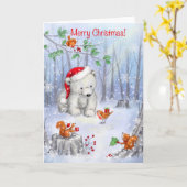 聖降誕祭お目出度う、雪の多い木の白熊 カード (黄色い花)