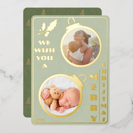 聖降誕祭お目出度う | 2枚の写真ユニーク 箔シーズンカード (正面/裏面)