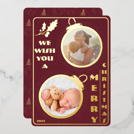 聖降誕祭お目出度う | 2枚の写真ユニーク 箔シーズンカード (正面/裏面)