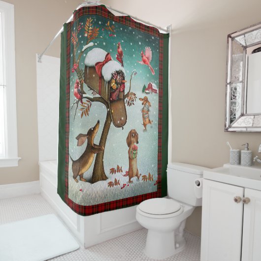 聖降誕祭のお目出度いただいたダックスフンド犬の贈り物 シャワーカーテン (インサイチュ)