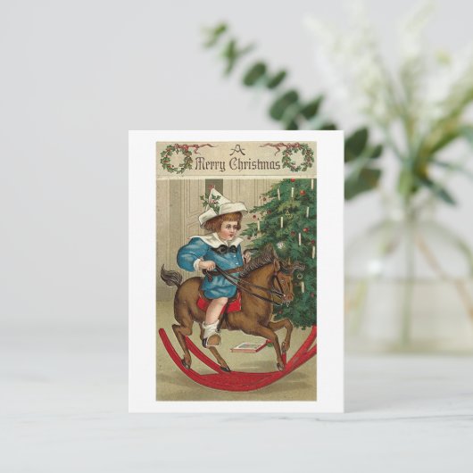 聖降誕祭のお目出度う子供と揺れる馬 シーズンポストカード (スタンド正面)