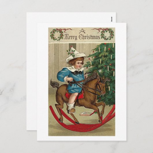 聖降誕祭のお目出度う子供と揺れる馬 シーズンポストカード (正面/裏面)