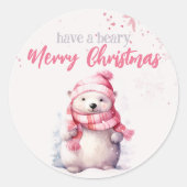 聖降誕祭のお祭り騒ぎを楽しむシロクマのピンク色おもしろいである ラウンドシール (正面)