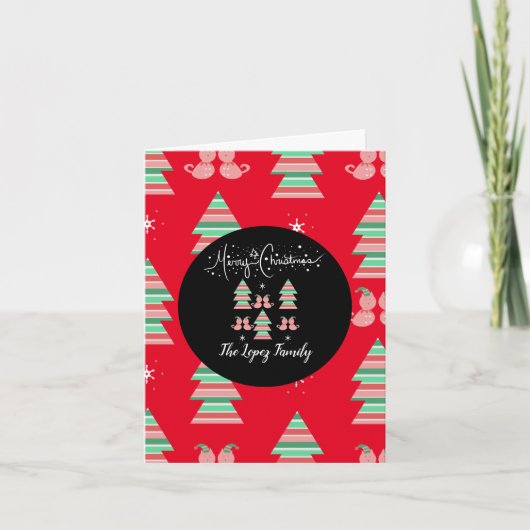 聖降誕祭のお笑いキャットパタンレッドピンク サンキューカード (正面)