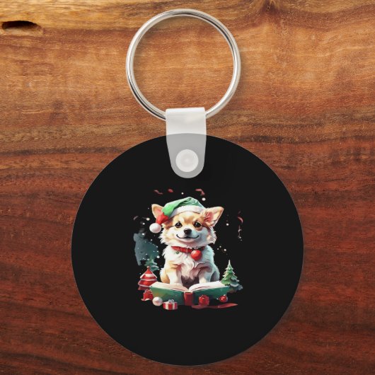 聖降誕祭の帽子に本が入った犬 – 完璧なキリスト キーホルダー (正面)