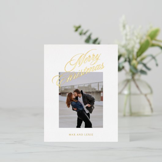 聖降誕祭の楽しみ方が古典的に台本で書かれた 箔シーズンポストカード (立ち正面)