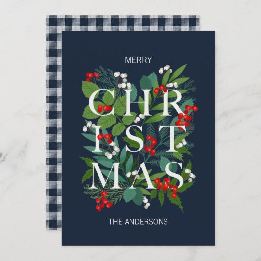 聖降誕祭の祝い言葉と緑の陽気な言葉 シーズンカード (正面/裏面)