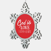 聖降誕祭の神は愛の聖書聖句レッドオーナメント スノーフレークピューターオーナメント (右)