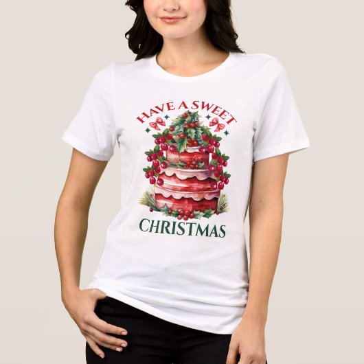 聖降誕祭を祝って甘いクリスマスケーキを食べる トライブレンドTシャツ (正面)