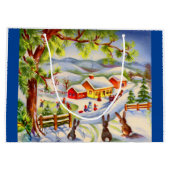 聖降誕祭を見るビンテージクリスマスバンニー ラージペーパーバッグ (裏面)