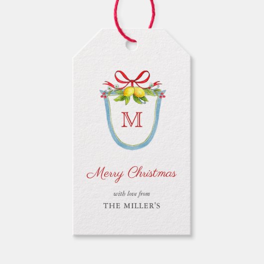聖降誕祭モノグラムの祝いにレモン入りの紋章 ギフトタグ (正面)