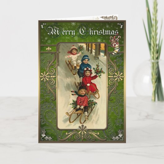 聖降誕祭 – 子どもはそりで丘を下る。 シーズンカード (正面)