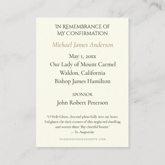 聖霊サクラメント確認聖カード – エンクロージャーカード (裏面)