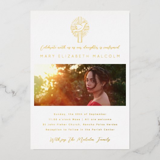 聖霊鳩クロス写真確認金ゴールド 箔招待状 (正面)