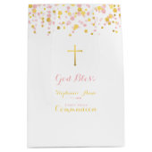 聖餐のピンクおよび金ゴールドの紙吹雪 ミディアムペーパーバッグ (正面)