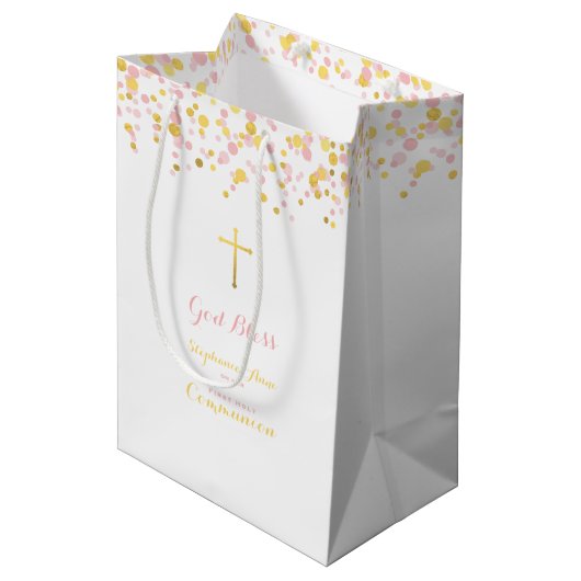 聖餐のピンクおよび金ゴールドの紙吹雪 ミディアムペーパーバッグ (正面アングル)