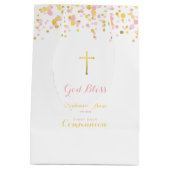 聖餐のピンクおよび金ゴールドの紙吹雪 ミディアムペーパーバッグ (裏面)