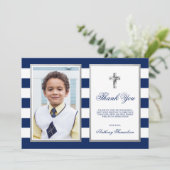 聖餐の洗礼の確認海軍男の子の写真 サンキューカード (スタンド正面)