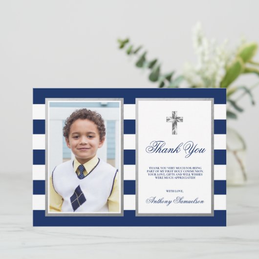 聖餐の洗礼の確認海軍男の子の写真 サンキューカード (スタンド正面)