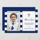 聖餐の洗礼の確認海軍男の子の写真 サンキューカード (正面/裏面)