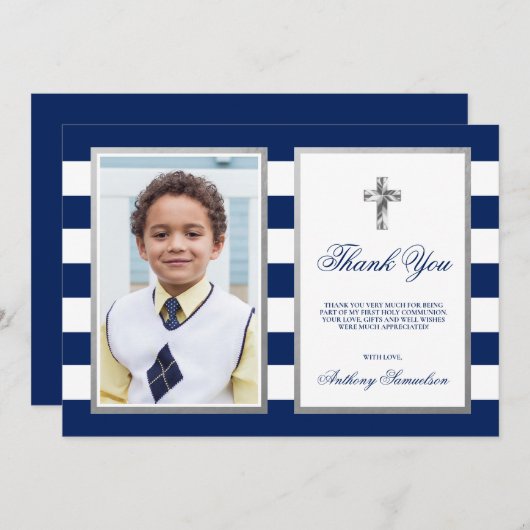 聖餐の洗礼の確認海軍男の子の写真 サンキューカード (正面/裏面)