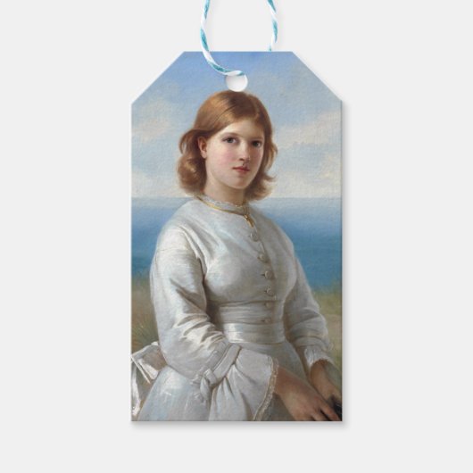 聖餐式に白い絹のドレスを着た少女 ギフトタグ (正面)