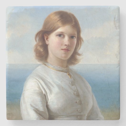 聖餐式に白い絹のドレスを着た少女 ストーンコースター (正面)