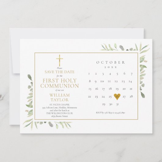 聖餐式の最初のエレガント緑 セーブザデート (正面)