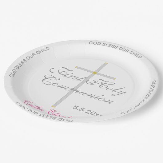 聖餐式の最初の聖餐式の女の子の名前シルバークロス ペーパープレート (アングル)