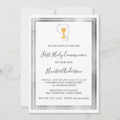 聖餐式の最初の聖餐式の白い銀の聖杯の司会 招待状 (正面)