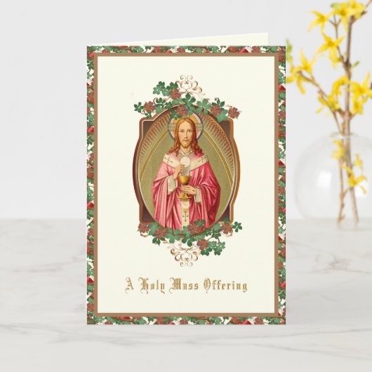 聖餐式を持つイエスを供えるカトリック教徒のミサ カード (黄色い花)