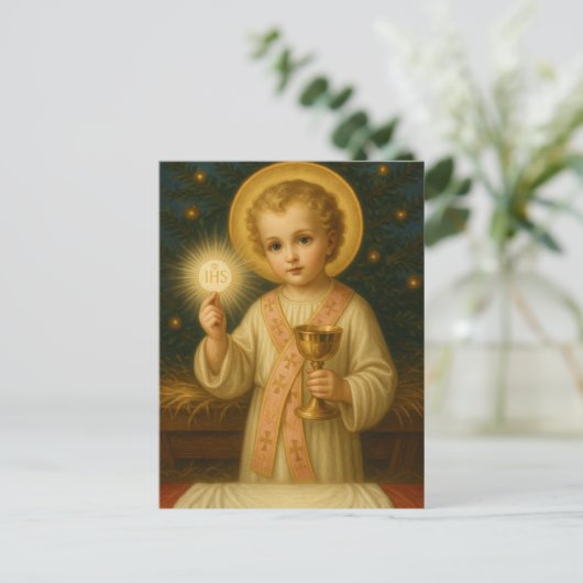 聖餐式クリスマス神聖カードを持つキリストの子供 ポストカード (スタンド正面)