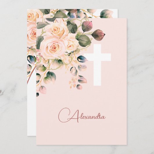 聖餐式バラソフトピンク宗教十字架 招待状 (正面/裏面)