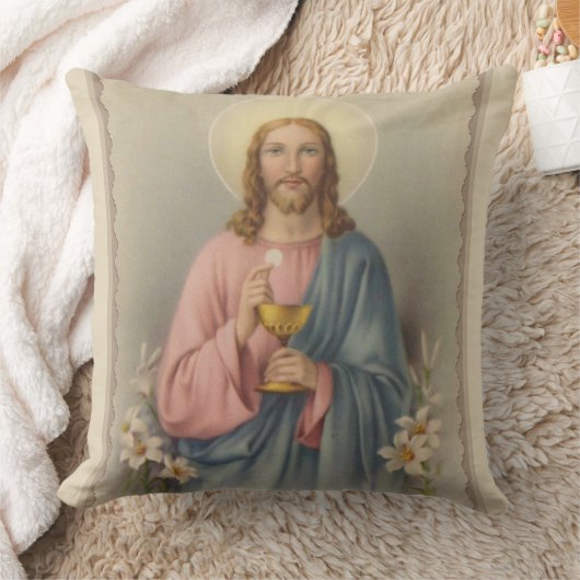 聖餐式及び聖餐杯を保持しているイエス・キリスト クッション (ブランケット)