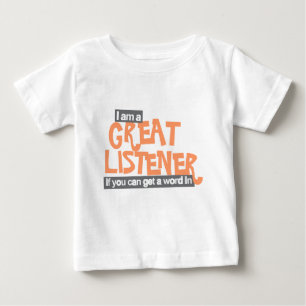 聞き素晴らし手の幼児オレンジ色のtシャツ ベビーTシャツ