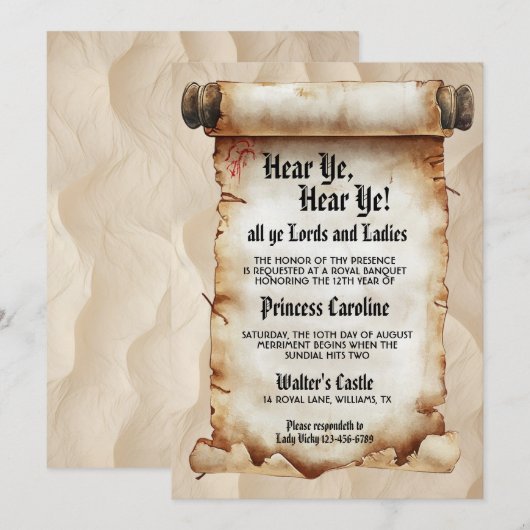 聞け、聞け!中世の王室誕生日 招待状 (正面/裏面)