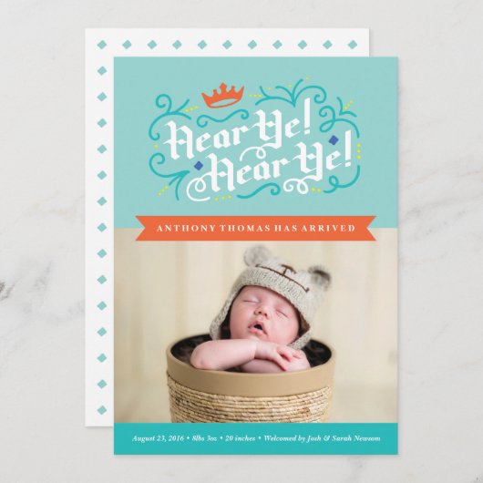 聞け！聞け！青で表示される誕生の発表 案内状 (正面/裏面)