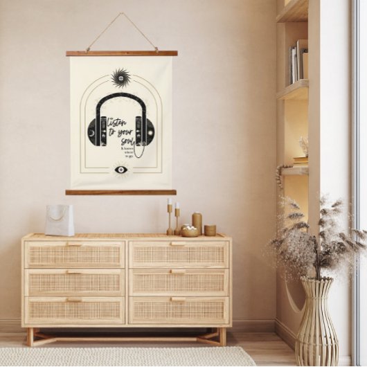 聞Soul Headphones金ゴールド&ブラック 吊り下げ型タペストリー